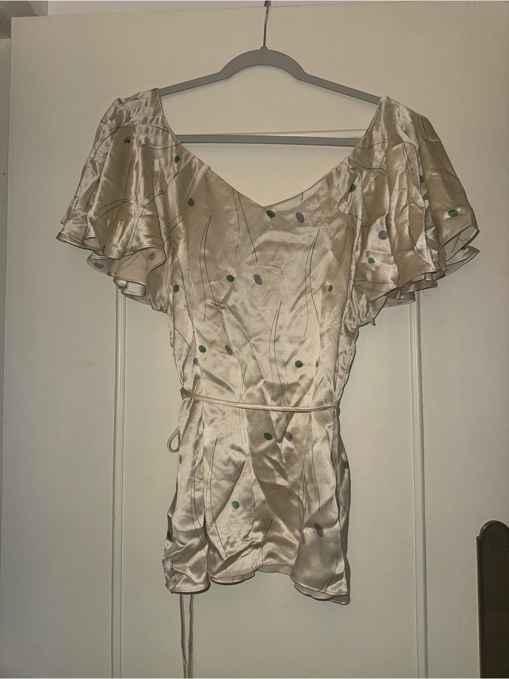 Anthropology HD in Paris Satin Top in Cream with Green Print